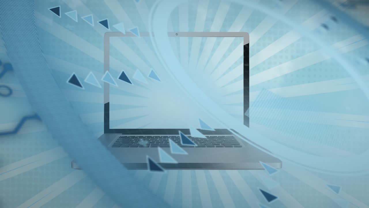 파란색 배경에 스 ⁇  스캐닝과 노트북의 애니메이션