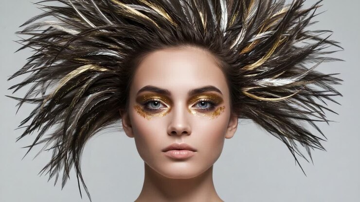 Betoverend Volumineus Haar en Opvallende Make-up Creëren een Gedurfde Look, Waarbij Unieke Stijl en Artistiek Haarontwerp Worden Getoond in een Studio-omgeving