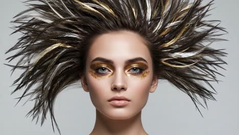 captivating high-volume hair and striking makeup create a bold look, showcasing unique style and artistic hair design in a studio setting