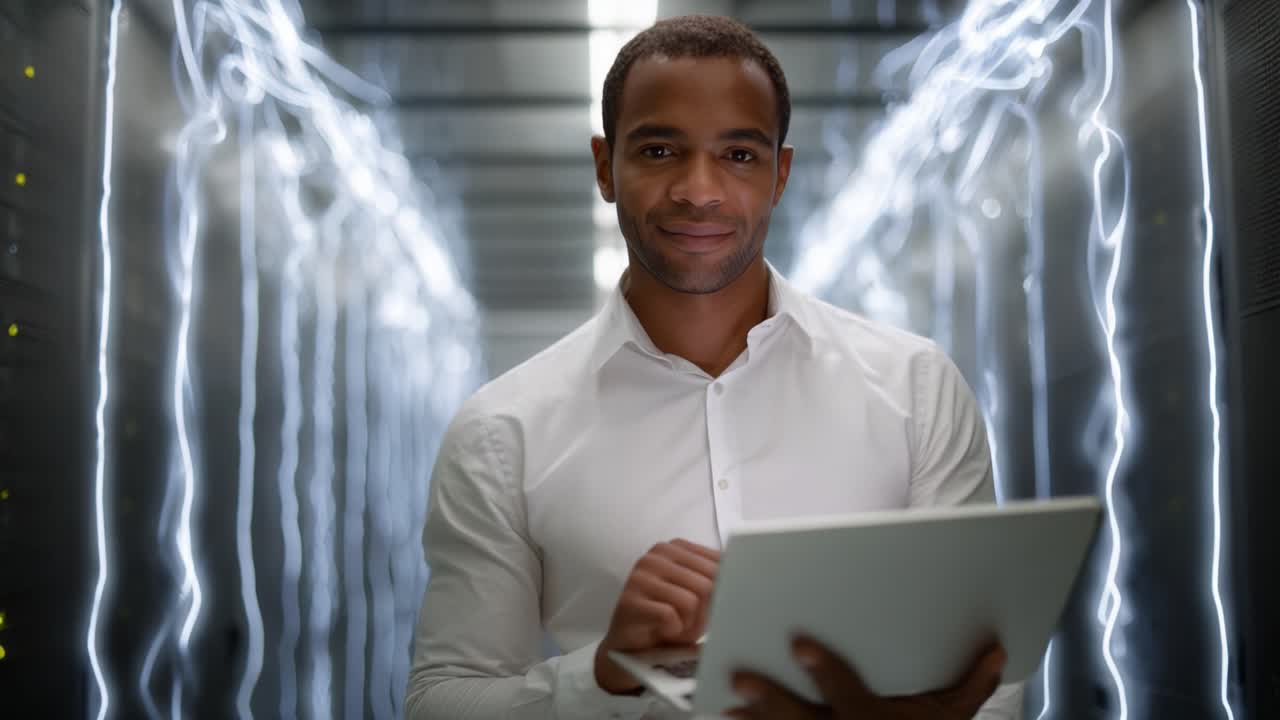 A confident professional engaged with a laptop in a high-tech server room, showcasing advanced technology and a focused digital environment
