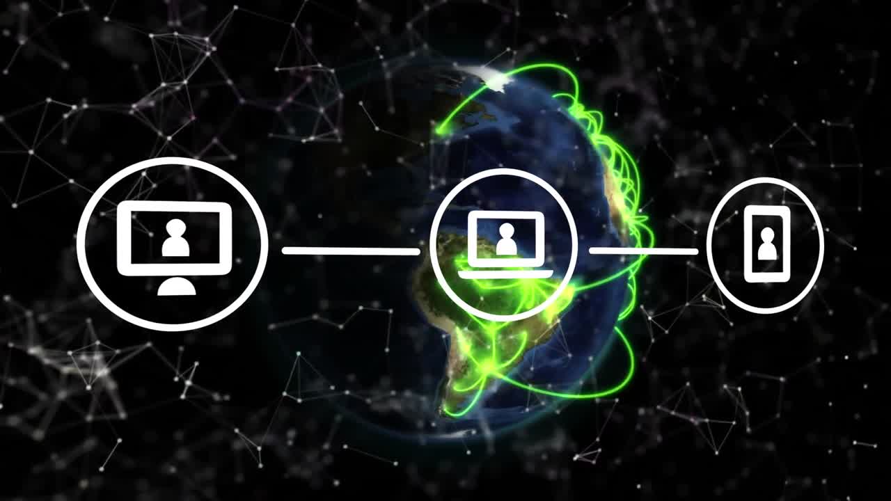 animación de la red de conexiones, iconos digitales y senderos de luz verde sobre el globo giratorio