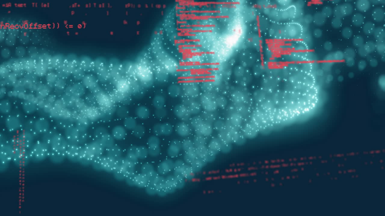 Animation of glowing turquoise particles forming wave pattern on dark background