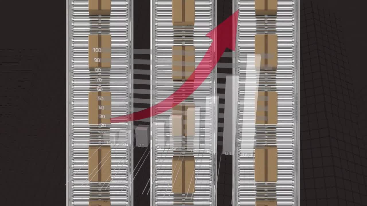 ⁇ 은 화살표는 통계 데이터 처리에 대해 컨베이어 벨트에 있는 배달 상자 위로 올라갑니다.