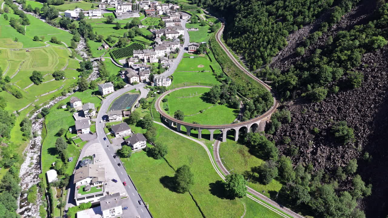 Aerial view of lush valley and historic stone viaduct, summer scenery
