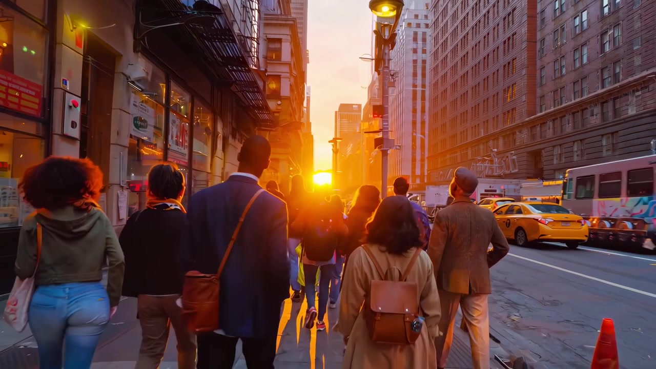 Folla di persone che camminano per una strada di New York City al tramonto