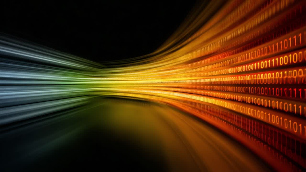 Flusso digitale dinamico con stream di codice binario che crea uno spettro vivido di colori e modelli che rappresentano la moderna trasmissione di dati e la tecnologia di streaming