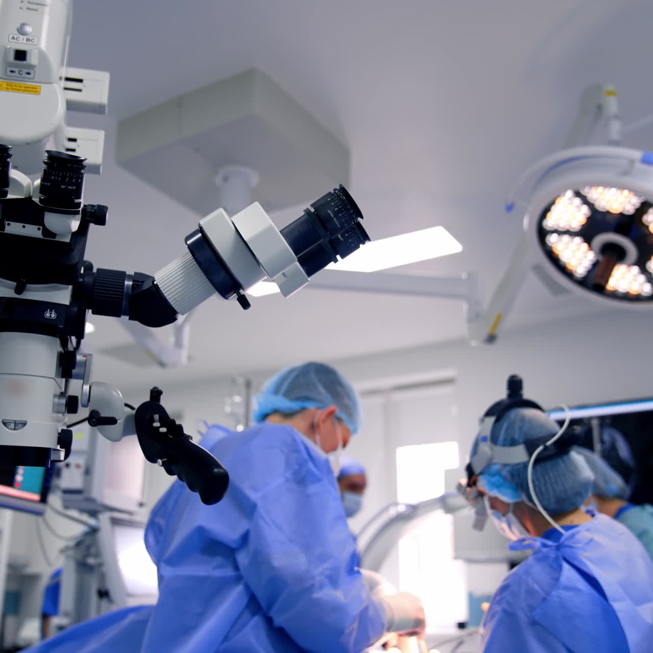 Equipamiento tecnológico avanzado y moderno en el quirófano para neurocirugías. Un equipo de médicos realiza una intervención al fondo.