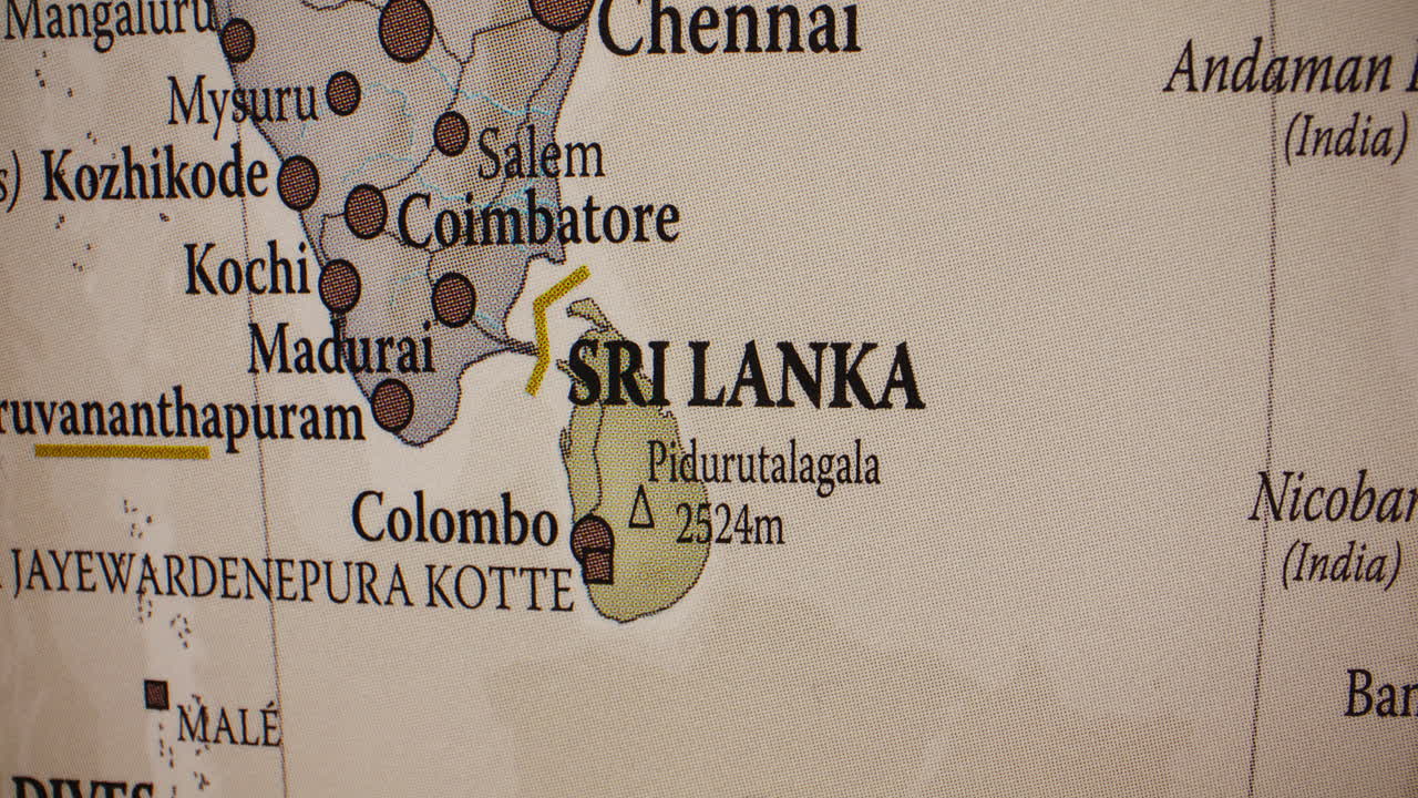 A detailed map showing Sri Lanka and parts of Southern India, including major cities and geographical features