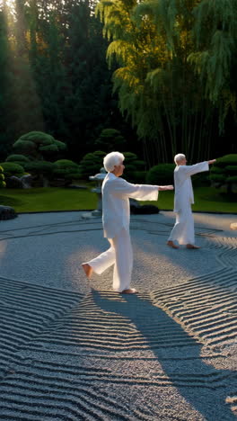 elderly couple practicing tai chi in a zen garden