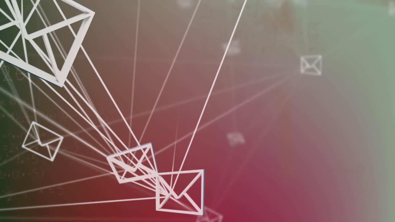 Animation of network of message icons and mathematical equations against pink gradient background
