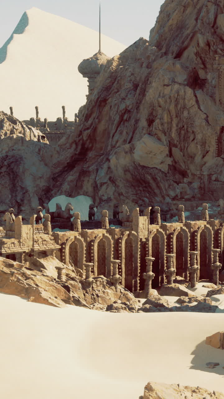 Ancient ruins amidst desert landscape with mountains in the background