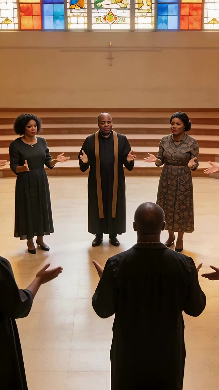 Vertical video: Singing on cue, clergy and singers raising hands for worship in church, stole