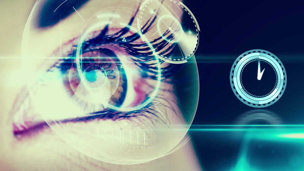 animación de la interfaz digital y el reloj sobre los ojos de la mujer