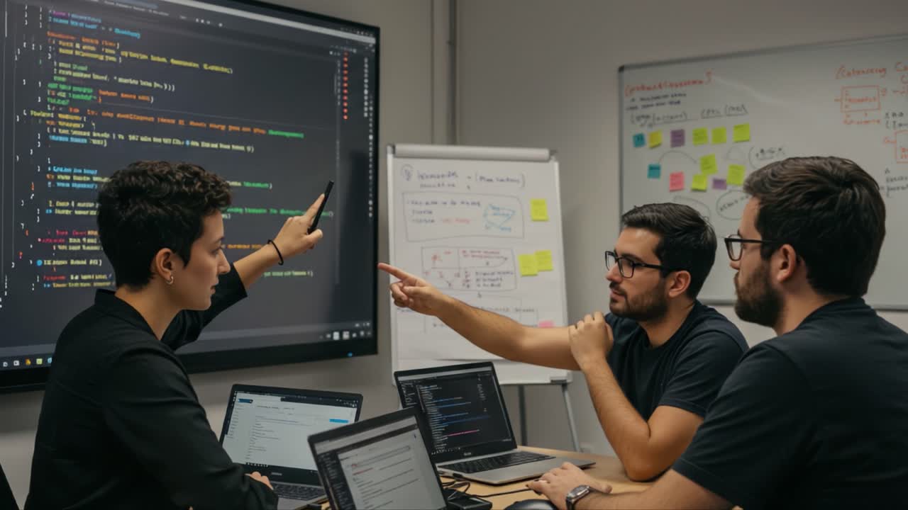 Collaborative Coding Session: Team Discusses Programming Strategies and Solutions While Analyzing Code on a Large Screen and Computer Laptops in a Modern Workspace