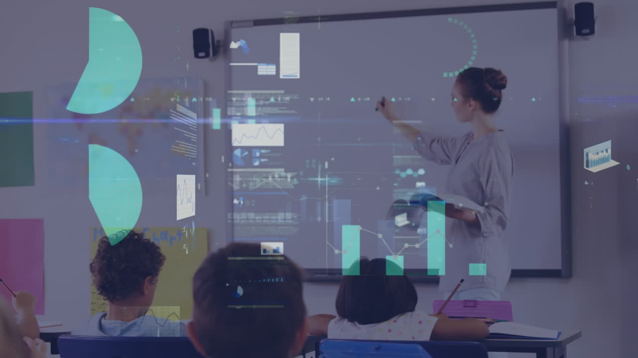 백인 여성 교사와 다양한 학생의 클래스에 대한 그래프와 데이터의 애니메이션