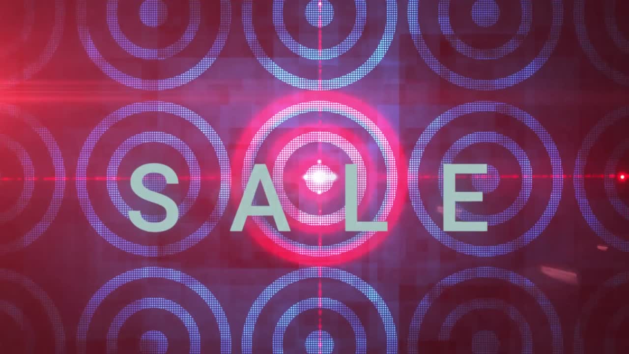 파란색 위에  ⁇ 색 동심 원 패턴과  ⁇ 은 빛으로 판매 텍스트의 애니메이션