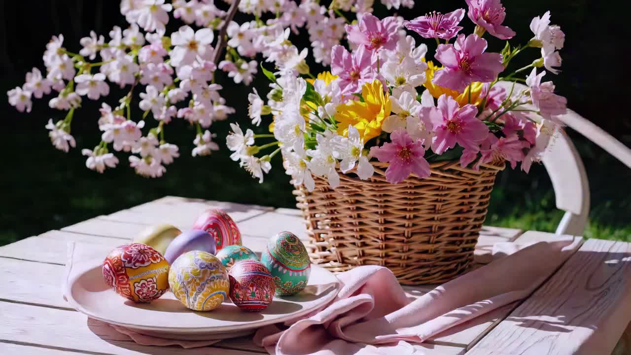 Easter eggs scattered near decorative wicker basket with spring blooms, positioned on weathered white wooden surface amid garden greenery, highlighting seasonal celebration