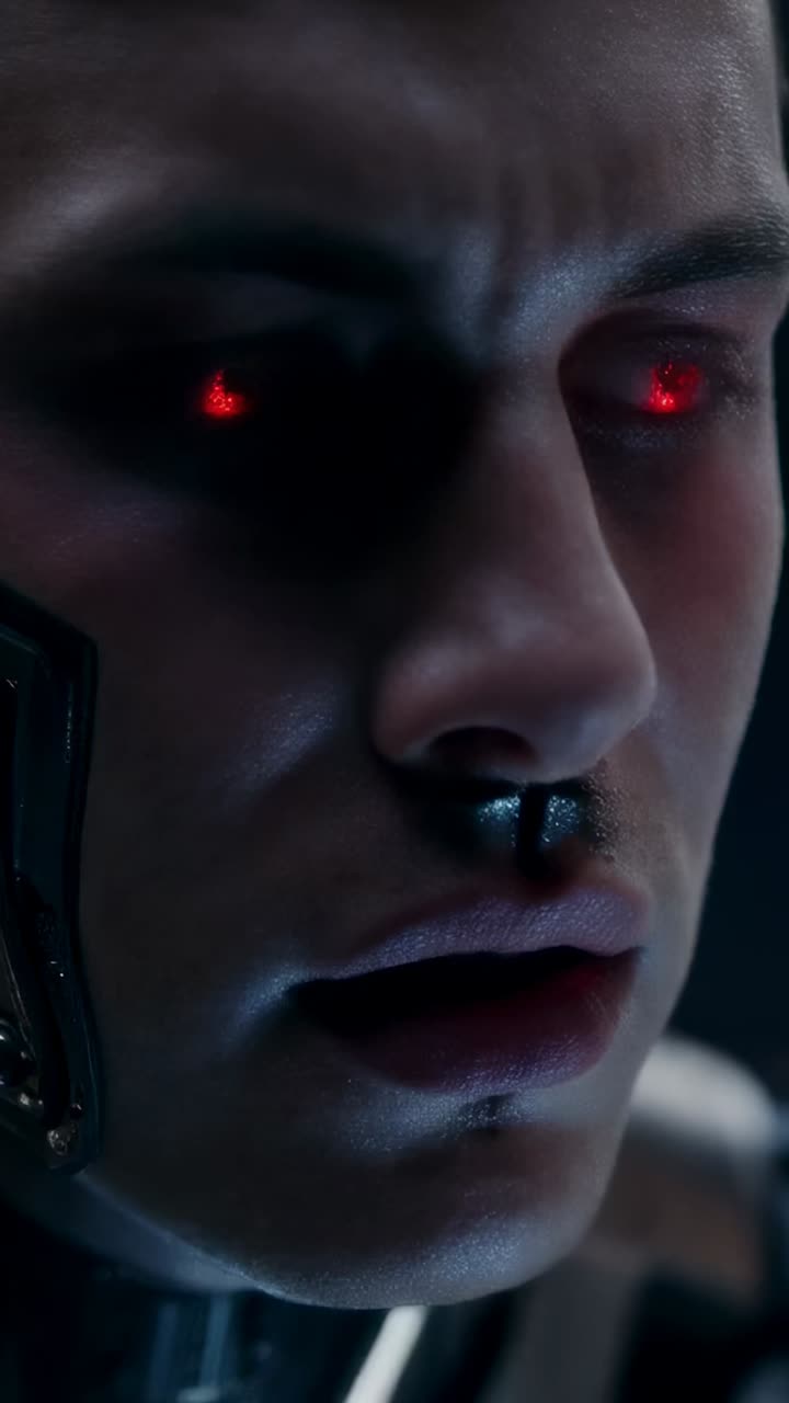 Vertical video: Blue pulse initiating male cyborg running ocular sequence in lab, with ocular glow