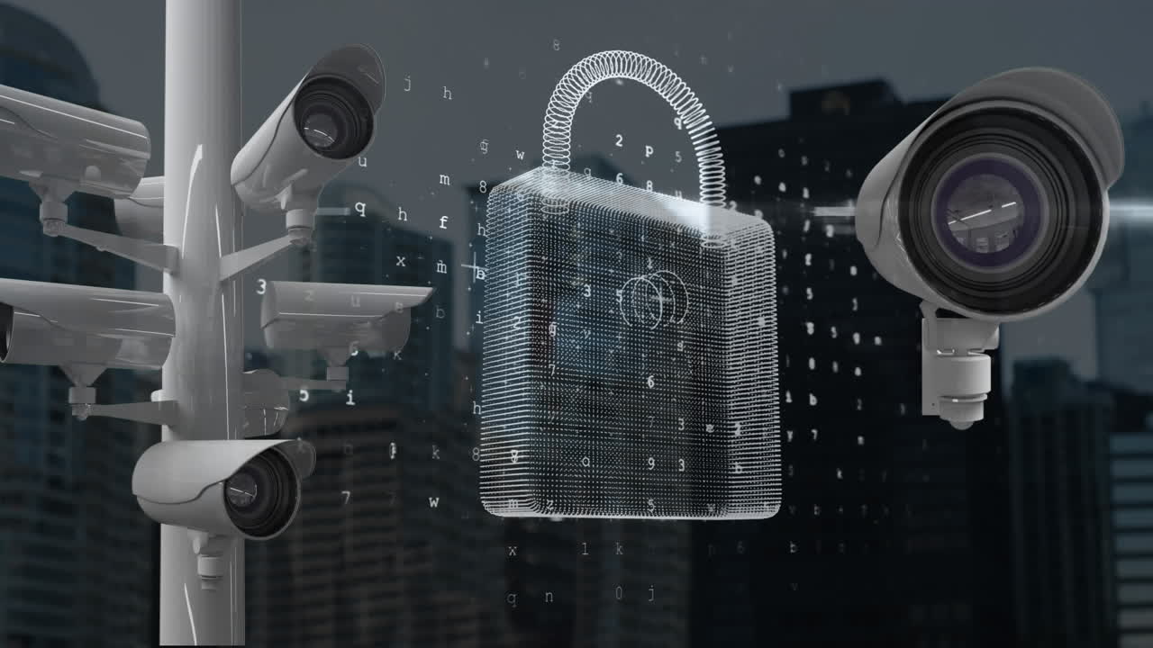 Animation of online security padlock and cameras recording over cityscape in the background.
