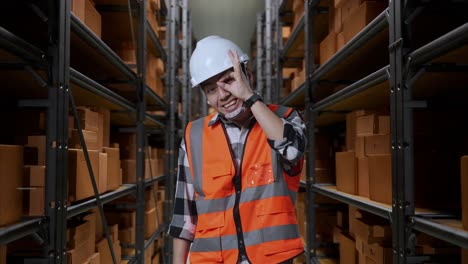 ingeniero masculino asiático con casco de seguridad de pie en el almacén con estantes llenos de mercancías de entrega. sonriendo a la cámara y mostrando el signo de la mano ok sobre el ojo en el almacenamiento