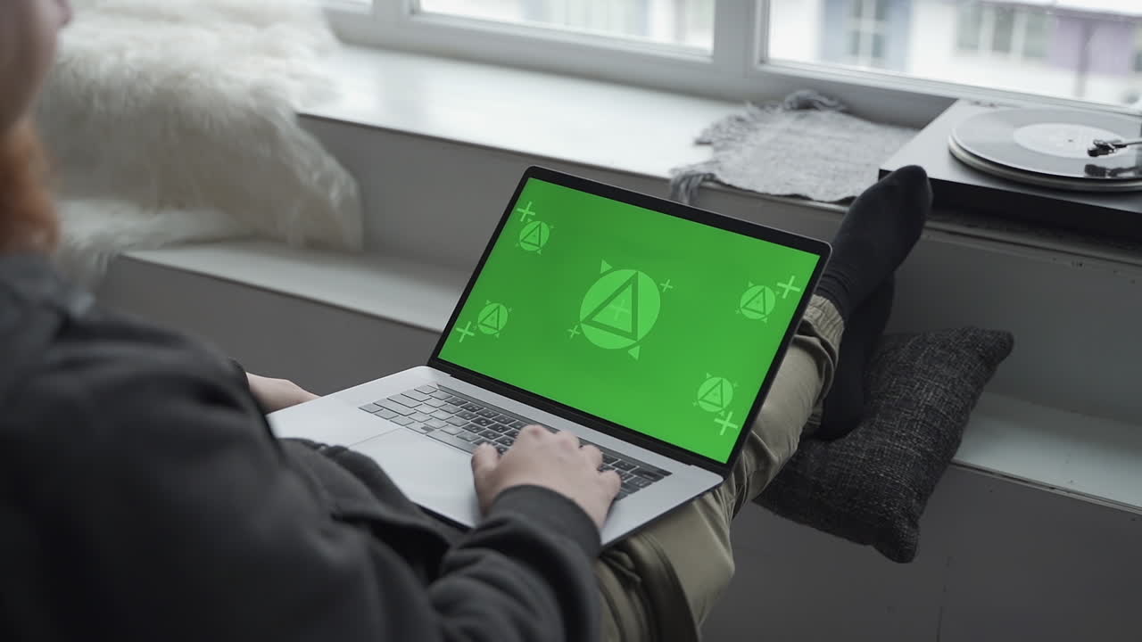 llamada de video. portátil con croma de pantalla verde. maqueta de teletrabajo. primer plano.