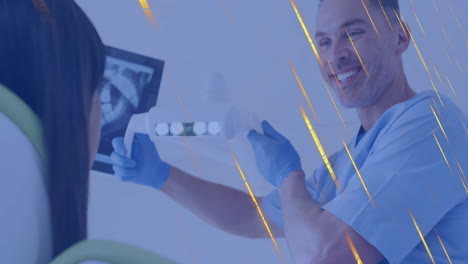 male dentist presenting dental impression device to seated patient, showing animated tooth icons