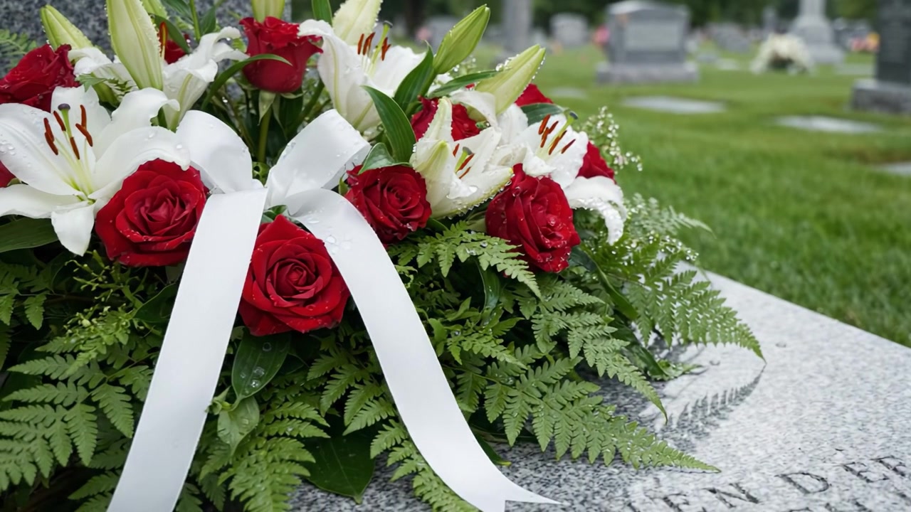 Una splendida composizione floreale di rose rosse e gigli bianchi adorna una lapide, simboleggiando amore e ricordo in un sereno ambiente cimiteriale.