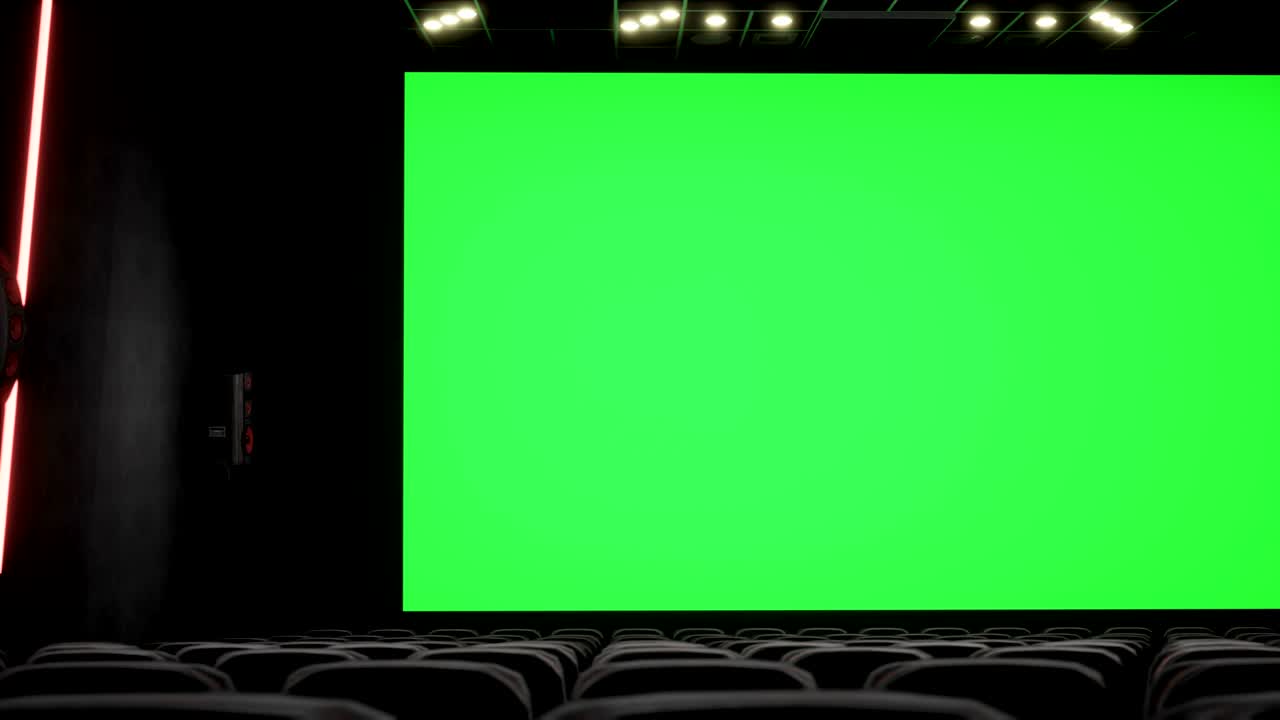 영화관 내부의 빈 영화관 화면은 녹색 화면과 빈 좌석으로 영화 엔터테인먼트 개념입니다.