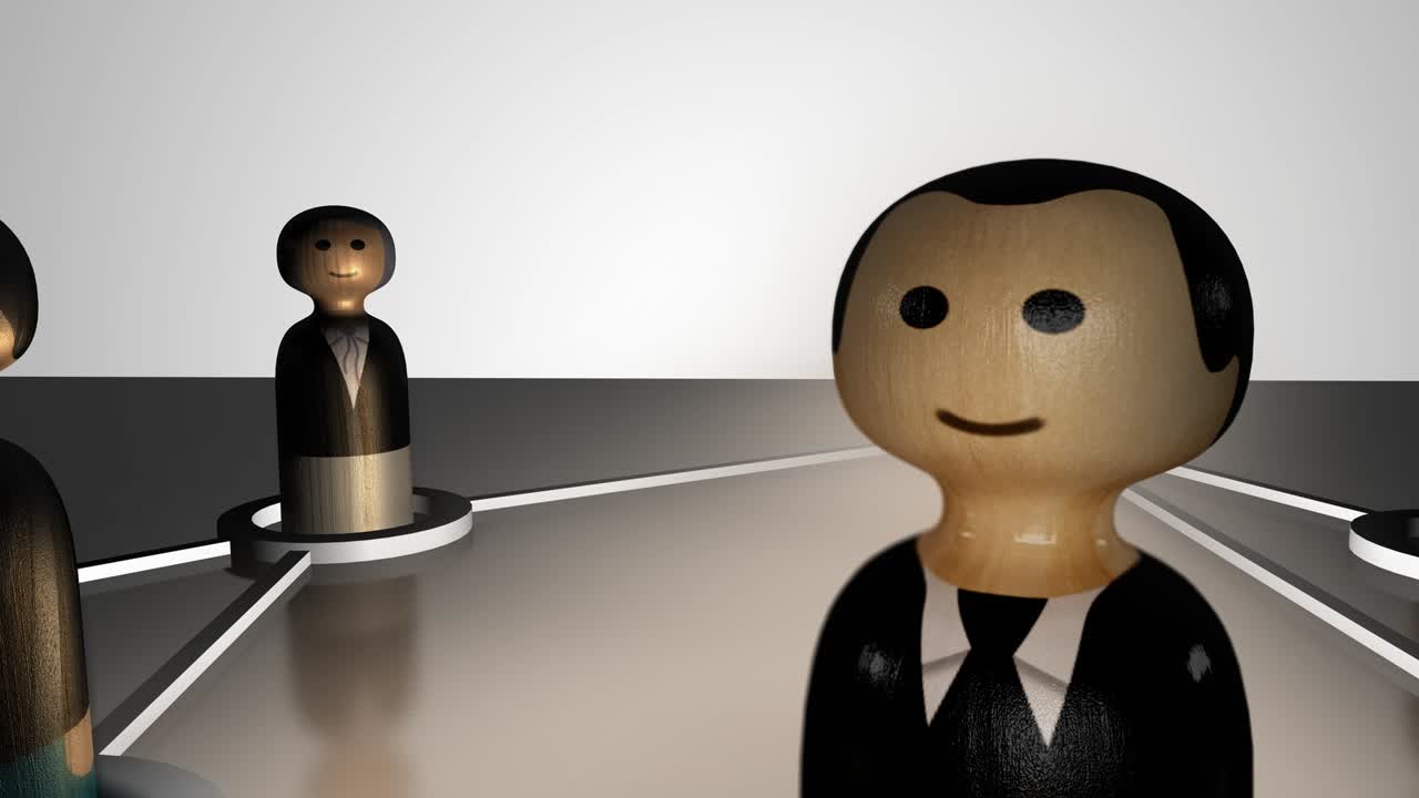 Wooden business people figurines connected to each other by white lines 3D animation