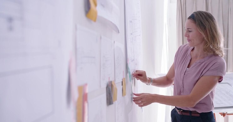 Donna di mezza età dopo una revisione del consiglio, che indossa una camicetta rosa in studio, sposta post-it, con spazio per il testo.