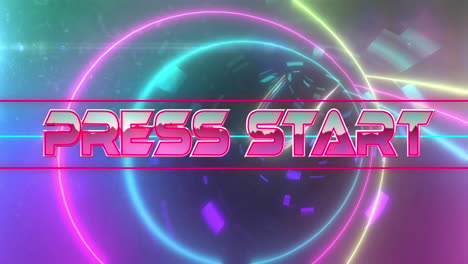 Animation of press start text over neon tunnel on black background