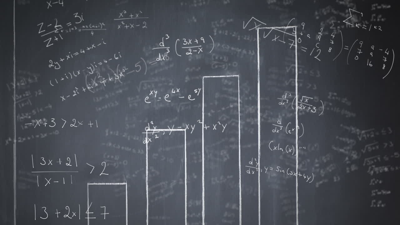 ecuaciones matemáticas que se mueven contra gráficos de barras pizarra negra