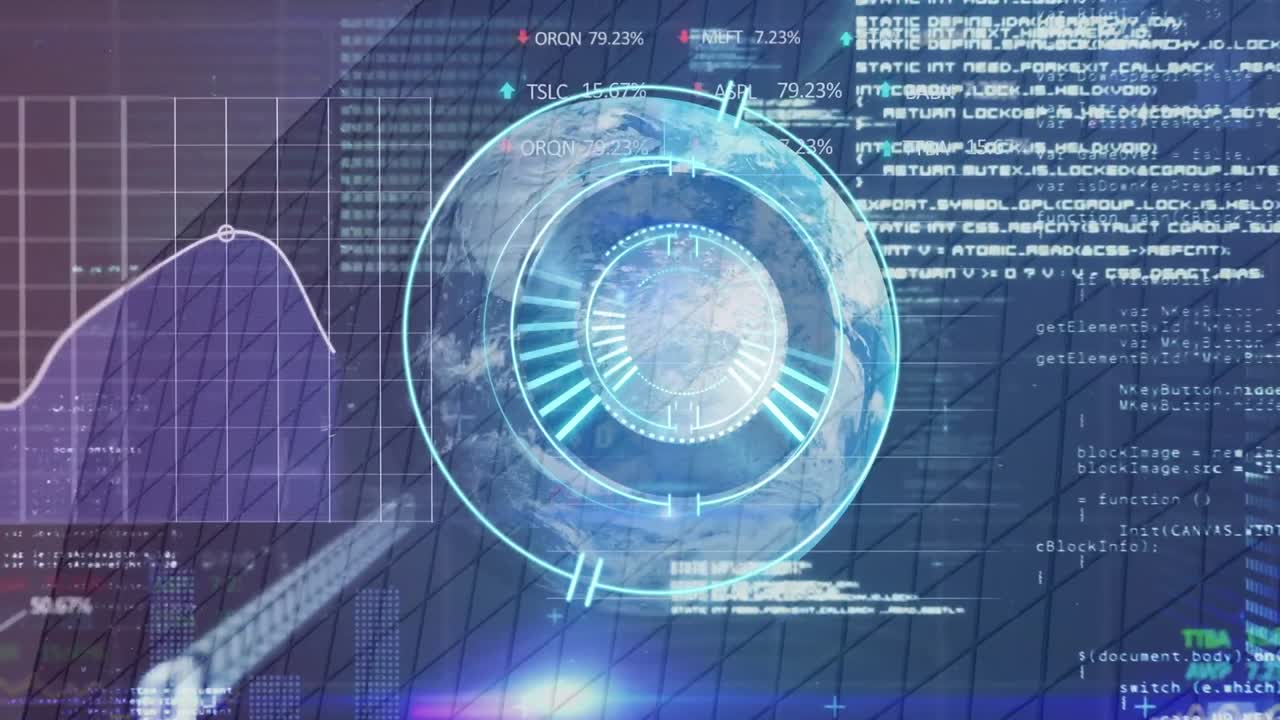 Animation of processing circle over globe and diverse data processing over business office building