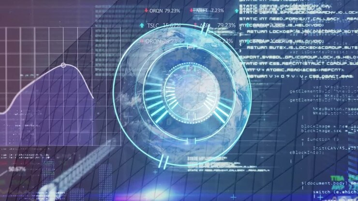 Animation of processing circle over globe and diverse data processing over business office building