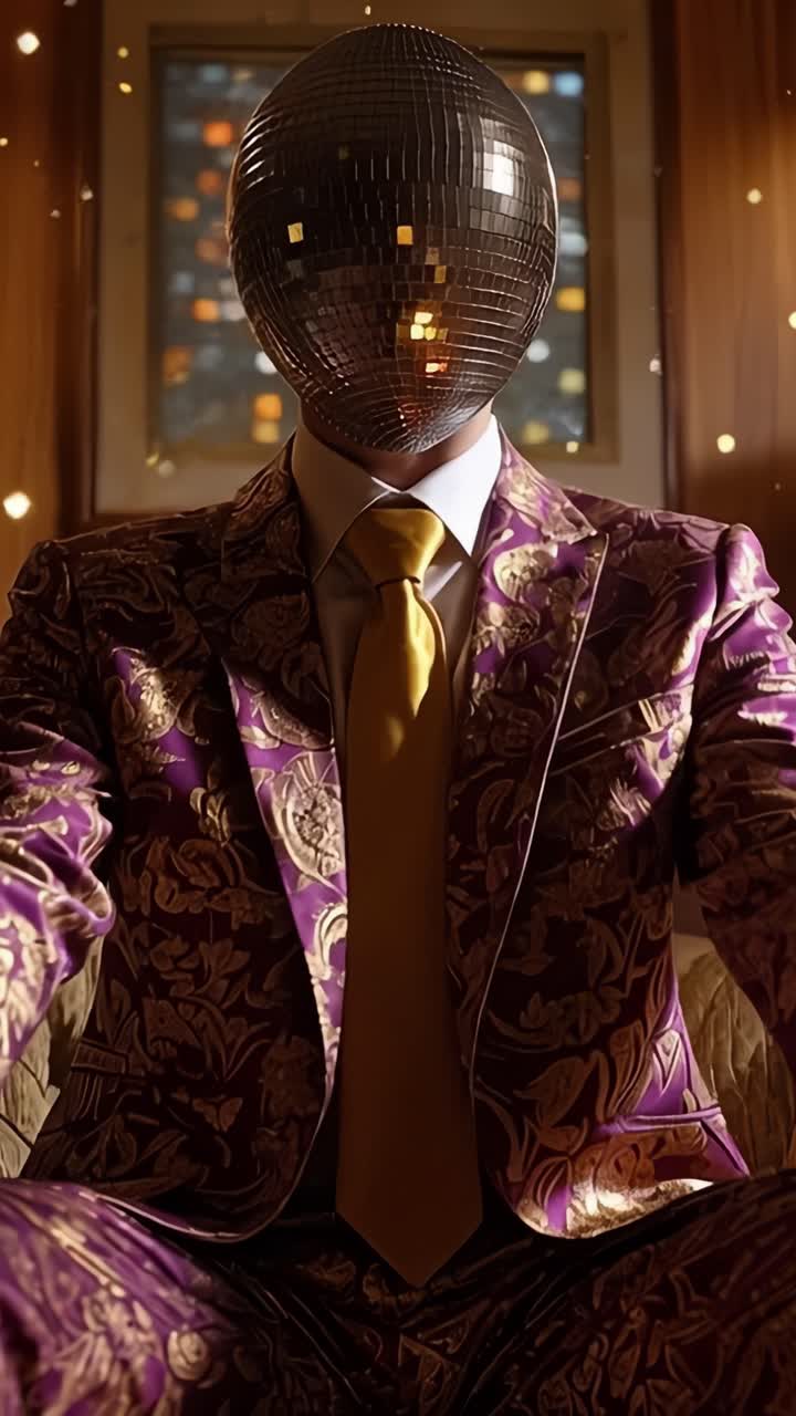 Een mysterieus figuur in een glimmend discobalmasker en sierlijk pak straalt intrige en enigma uit in een luxueuze omgeving, vastgelegd over twee prachtige frames.
