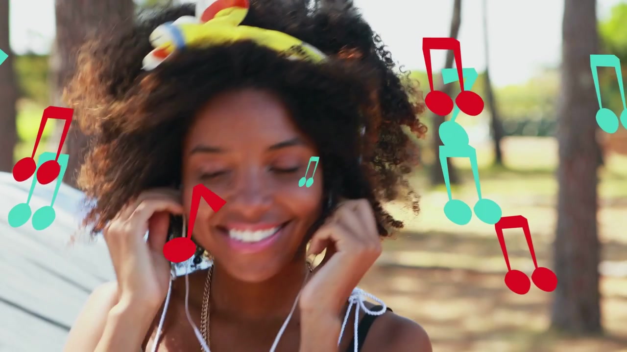 Femme mettant ses écouteurs dans un parc et les ajustant, des notes de musique animées l'entourant pour la sérénité.