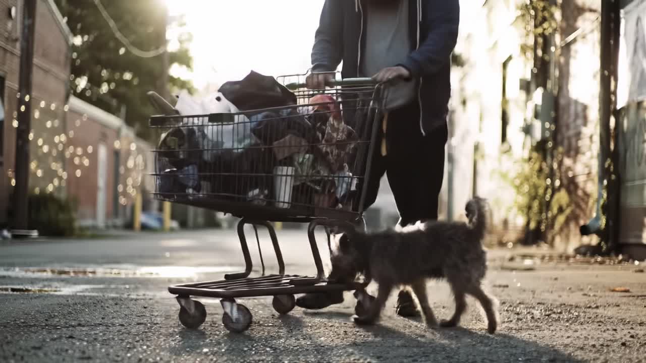 A Person Transporting a Shopping Cart Full of Items Along an Alleyway with Their Dog by Their Side, Capturing a Moment of Everyday Life in Different Perspectives