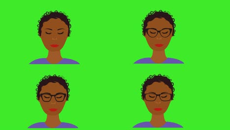 las mujeres de dibujos animados se enfrentan a la animación del avatar, los ojos en movimiento y parpadeando, en la pantalla verde tecla de croma