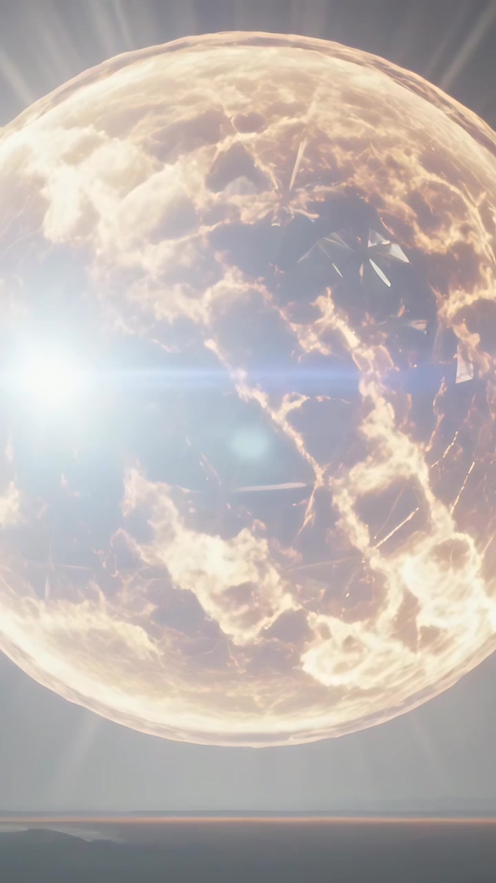 Vertical video: Brightening plasma sphere with lens flare shifting over sea, showing inner shards