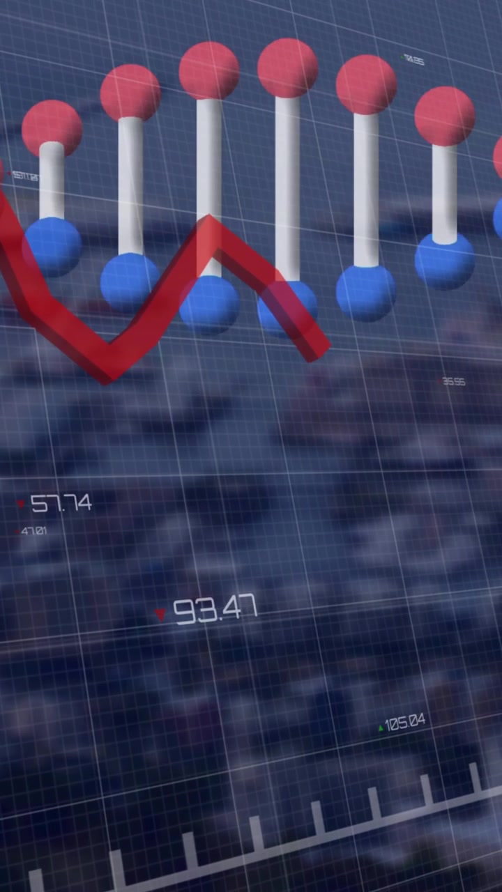 Animation of graphs, numbers and dna over dark background
