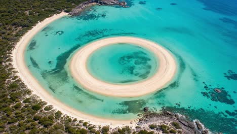 aerial view of a stunning circular sandbar in crystal clear waters surrounded by lush greenery, showcasing nature's unique geographical formations