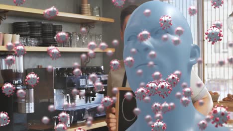 animation of virus cells over human silhouette and caucasian male barman