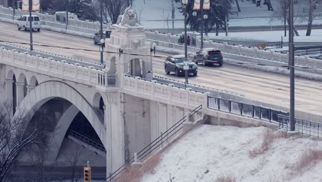 vehicle and pedestrian traffic on cold centre street bridge, calgary
