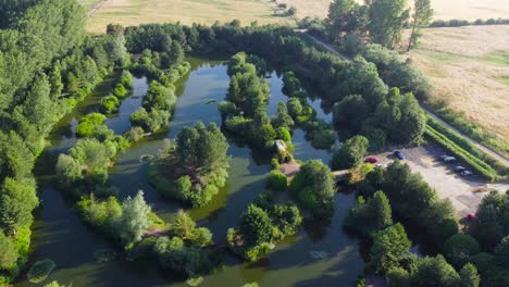 Fishing-Pond-With-Lush-Green-Trees-In-Norfolk,-England---aerial-drone-shot