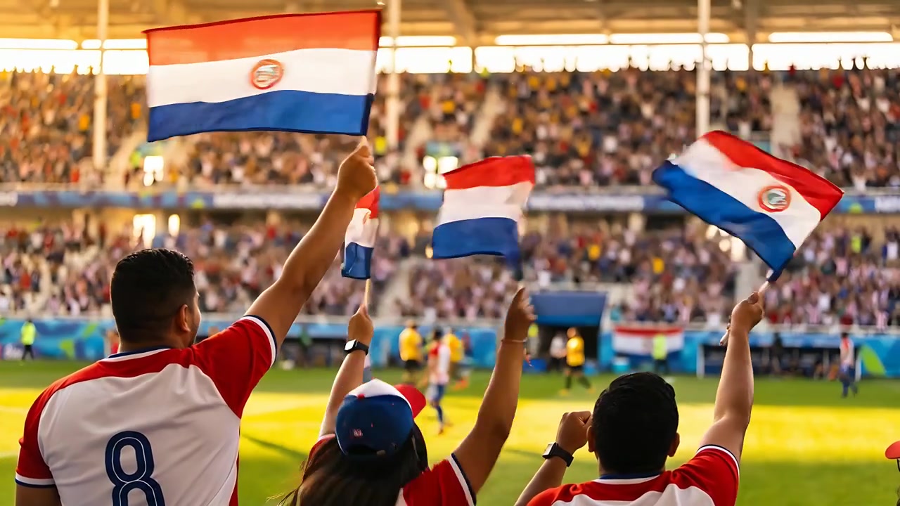 Waving fans reacting to play at stadium, raising flags and cheering, jerseys caps showing 8