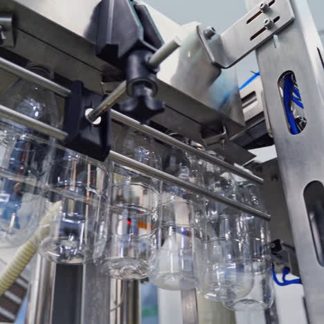 empty plastic bottles hanging from a conveyor line. bottle production line. view from below on plastic bottles for liquid in modern milk plant.