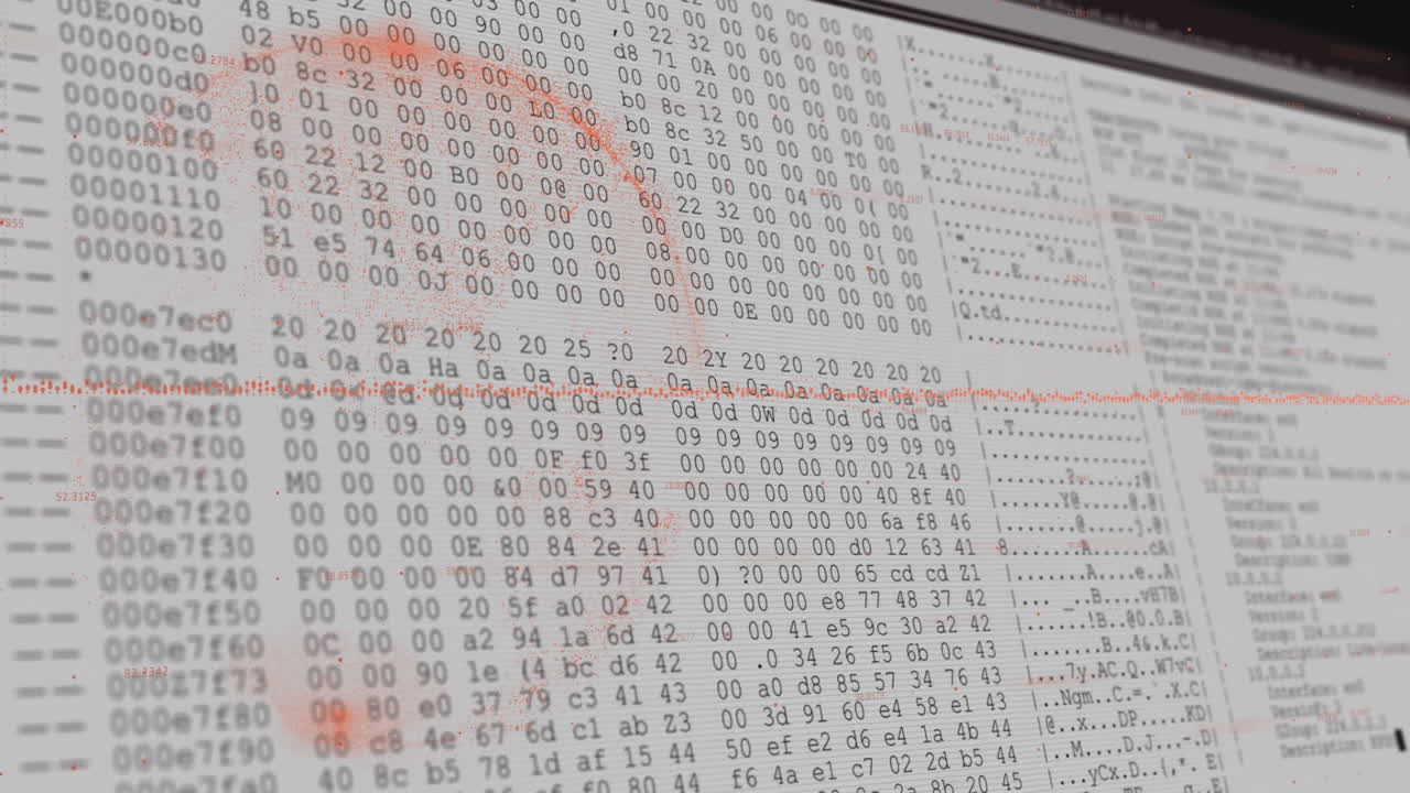 Displaying hexadecimal code on computer screen with red highlighting and animation