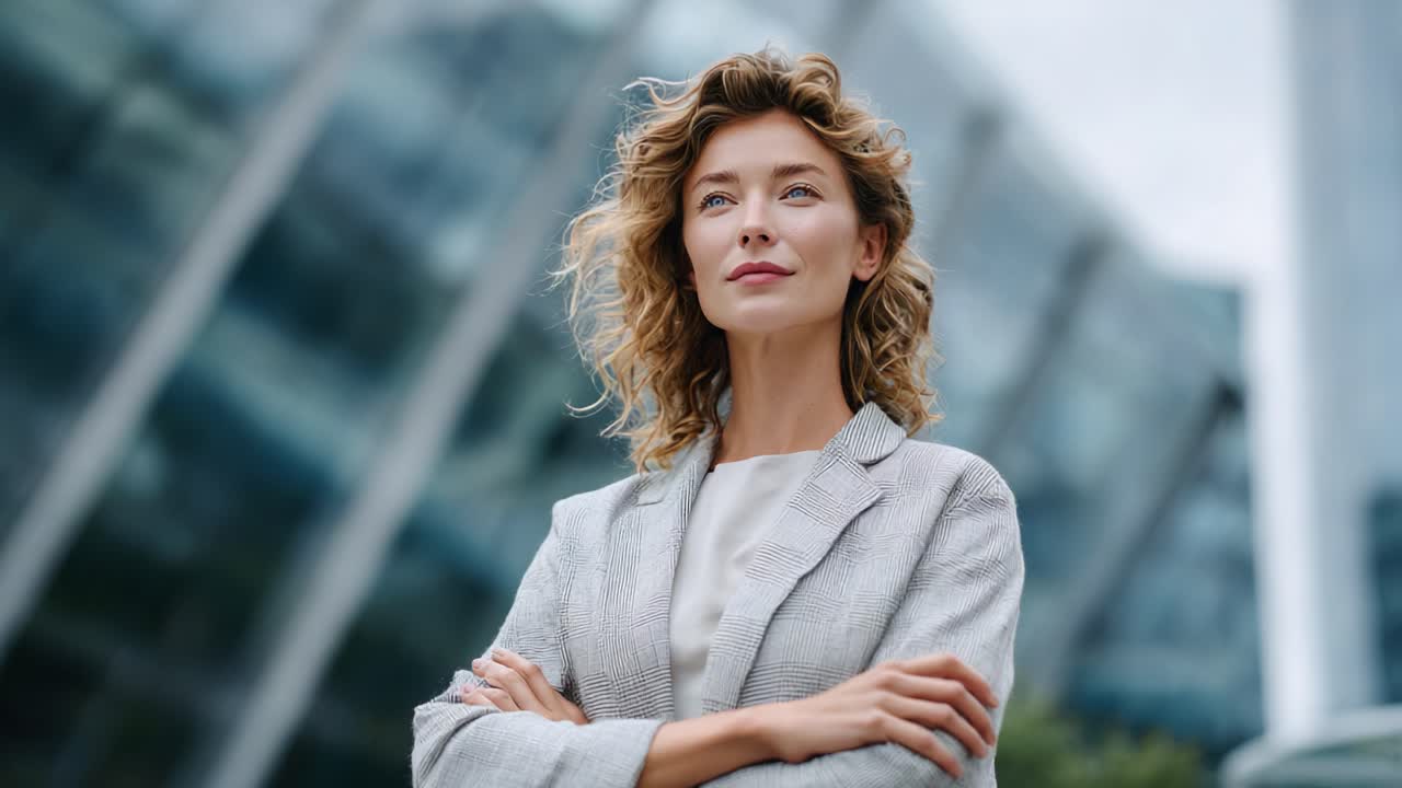 A Confident Woman in Business Attire Showcasing Strong Leadership Qualities Against a Contemporary Architectural Backdrop