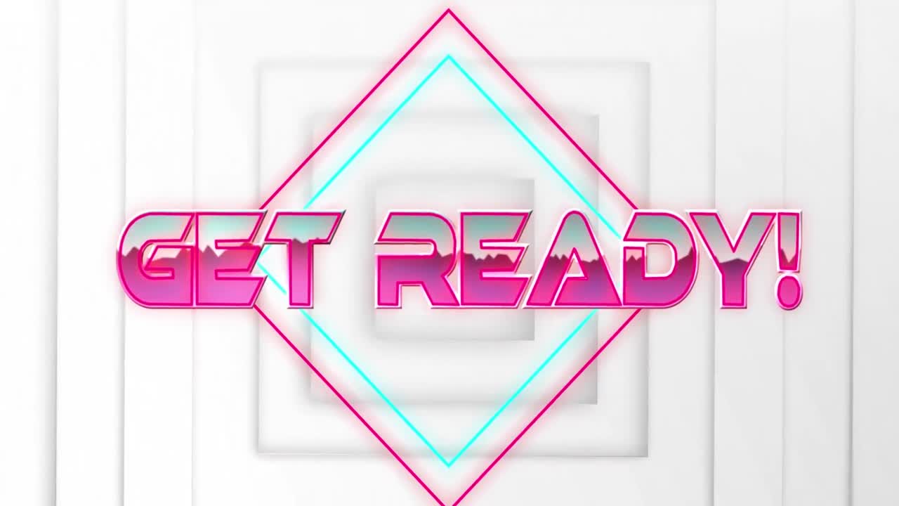 Animation of get ready text over neon shapes on white background