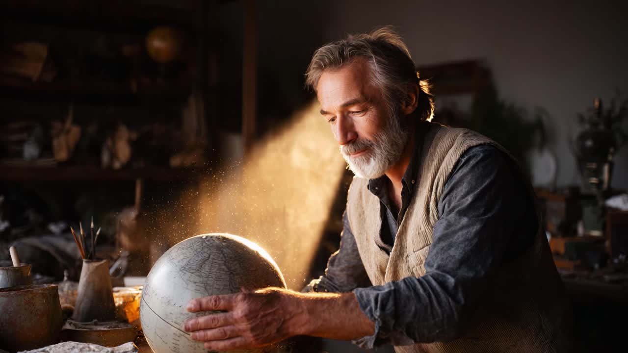Un uomo riflessivo esamina un globo vintage in un laboratorio illuminato dal sole, catturando l'essenza dell'esplorazione e dell'avventura attraverso il tempo e lo spazio